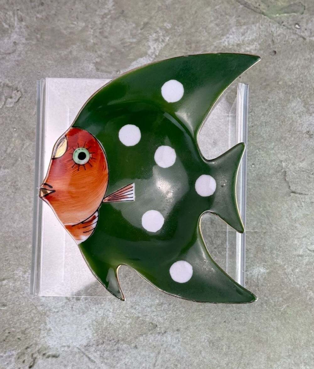 Small Hand-Painted porcelain Fish jewelry Dish Green White Orange gold